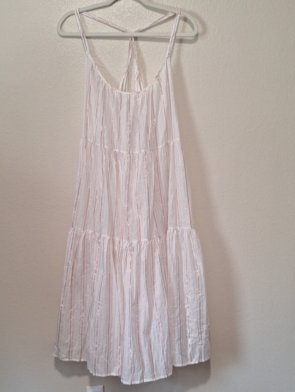 9Seed Light Pink Sparkling Tiered Sheer Strappy Sundress, Medium/ Large